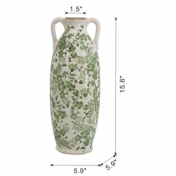 15.6 in. White Ceramic Amphora Decorative Flower Vase with Green