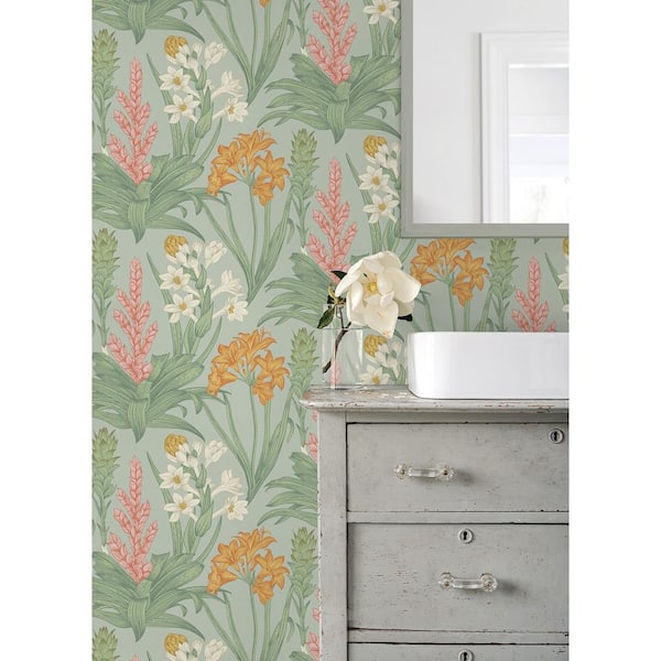 Green and Pink Blooming Villa Vinyl Matte Peel and Stick Wallpaper Sample