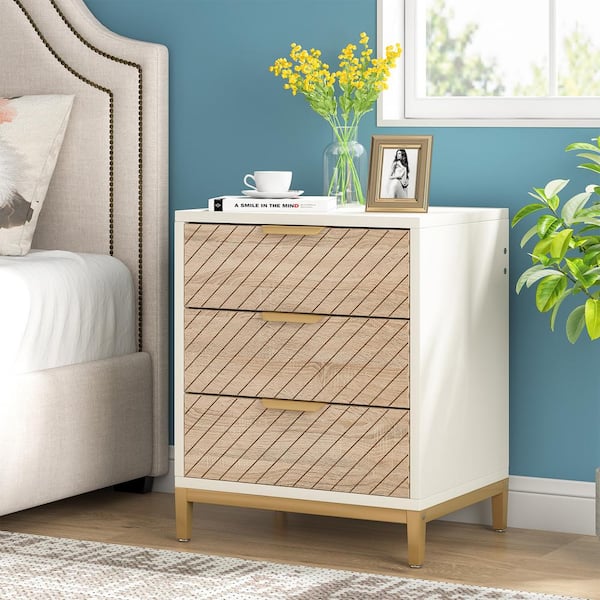 Fenley White and Gold 3 Drawers 19.69 in. W Nightstand with Light Wood Grain for Bedroom Living Room