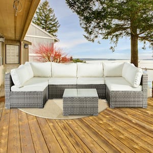 Gray Wicker 7-Piece Modular Outdoor Sectional Patio Furniture Conversation Set w/Beige Cushions 6Chairs 1Coffee Table