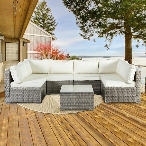 JUSKYS Gray Wicker 7-Piece Modular Outdoor Sectional Patio Furniture Conversation Set w/Beige Cushions 6Chairs 1Coffee Table