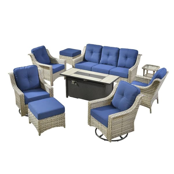 Cherry 9-Piece Wicker Outdoor Furniture Patio Fire Pit Conversation Sofa Set with Swivel Chairs and Navy Blue Cushions