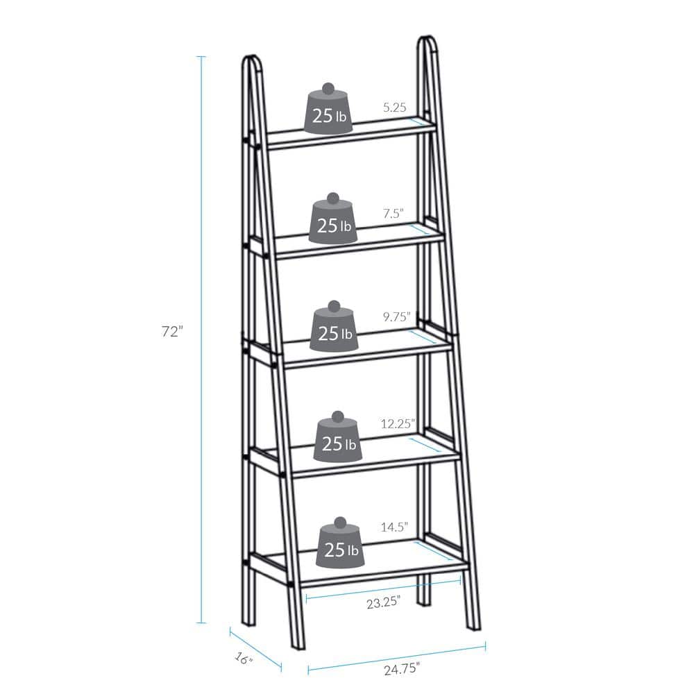 Espresso Solid Wood Adjustable 5-Shelf Ladder Bookcase