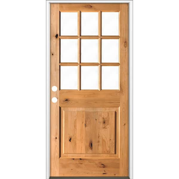 Krosswood Doors 36 in. x 80 in. Rustic Knotty Alder Clear Low-E Glass 9-Lite Clear Stain Right Hand Inswing Single Prehung Front Door