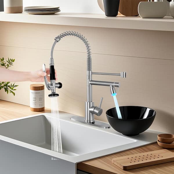 Single Handle Pull Down Sprayer Kitchen Faucet with Advanced Spray, Commercial LED Kitchen Faucet in Brushed Nickel