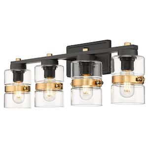 24.4 in. 4 Light Black and Gold Vanity Light with Clear Glass Shade Sconce Wall Lighting