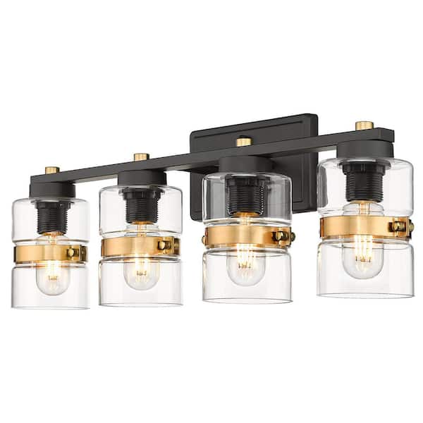 JAZAVA 24.4 in. 4 Light Black and Gold Vanity Light with Clear Glass Shade Sconce Wall Lighting