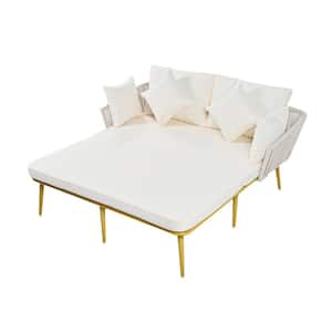 Gold Metal Frame with Woven Nylon Rope Backrest Outdoor Patio Day Bed with Washable Cushions in Beige