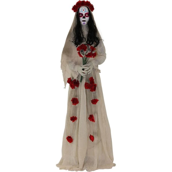 HAUNTED HILL FARM:Haunted Hill Farm 68 in. White Sugar Day Of The Dead Animatronic Skeleton Bride with Flashing Red Eyes and Sounds Halloween Prop