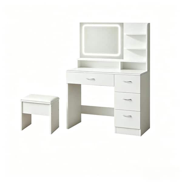 Cream White Makeup Vanity Desk with Smart LED Mirror, Charging Station 4 Drawers Vanity Table Set w/Cushioned Stool