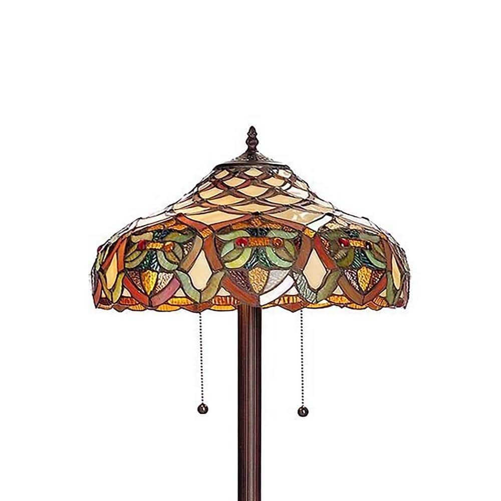 Antique Bronze Stained Glass Floor Lamp with Pull Chain Switch