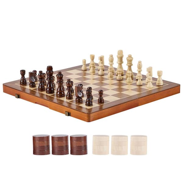 Magnetic Wooden Chess Set, 15 in. 2-IN-1 Chess Checkers Game Set, Folding Chess Board Games for Adults Kids