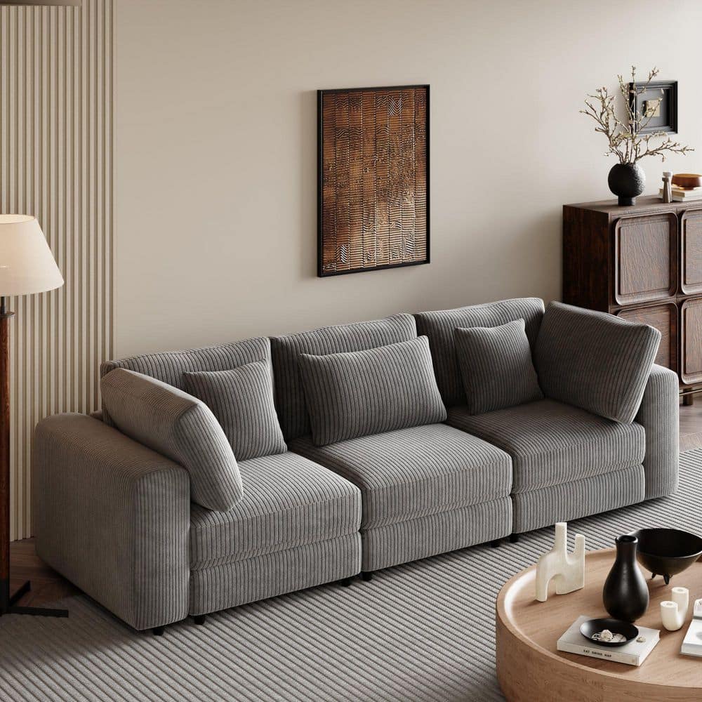 105 in. Square Arm Soft and Elegant Corduroy Rectangle Sofa in. Gray with R