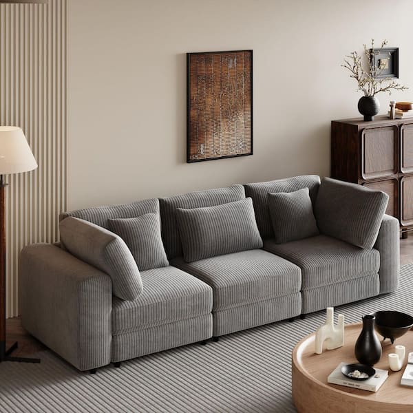105 in. Square Arm Soft and Elegant Corduroy Rectangle Sofa in. Gray with Removable Back Cushions and 5 Pillows
