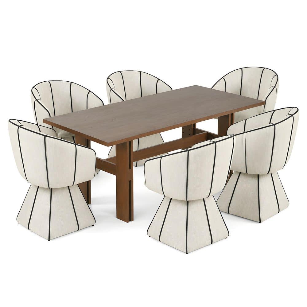 Yovela 7-Piece Rectangle Beige Solid Wood Top Modern Dining Table Set Seats 6