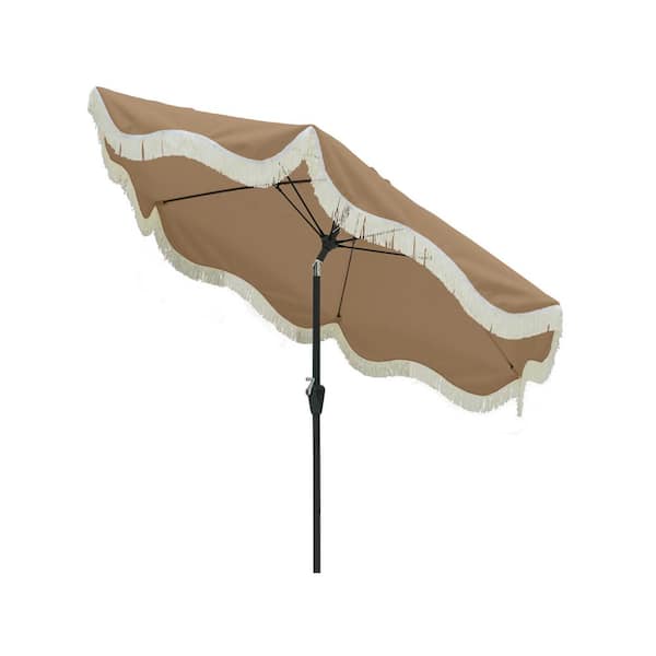 9 ft. Tassel Market Patio Umbrella with Full Fiberglass Rib in Tan