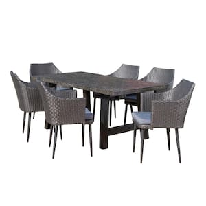 Nala Mixed Black 7-Piece Faux Rattan Outdoor Dining Set with Grey Cushions