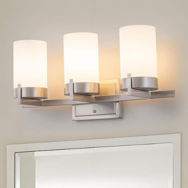 20 in. 3-Light Satin Nickel Dimmable LED Vanity Light with Frosted Glass Shade