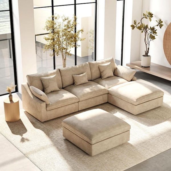 120 in. Square Arm 5-Piece Linen Upholstered Cloud Modular Sectional Sofa 3-Seater w/ Ottoman, Washable Covers in Khaki