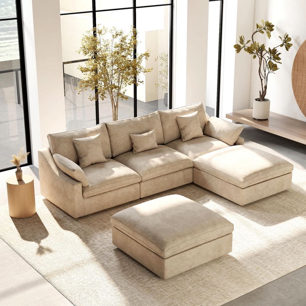 120 in. Square Arm 5-Piece Linen Upholstered Cloud Modular Sectional Sofa 3-Seater w/ Ottoman, Washable Covers in Khaki price history on PriceWatchPro