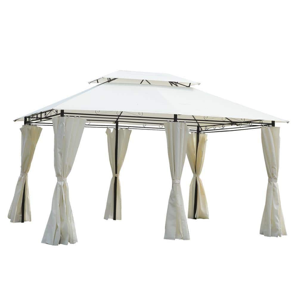 13x10 Beige Metal Patio Gazebo with Double Roof and Curtains
