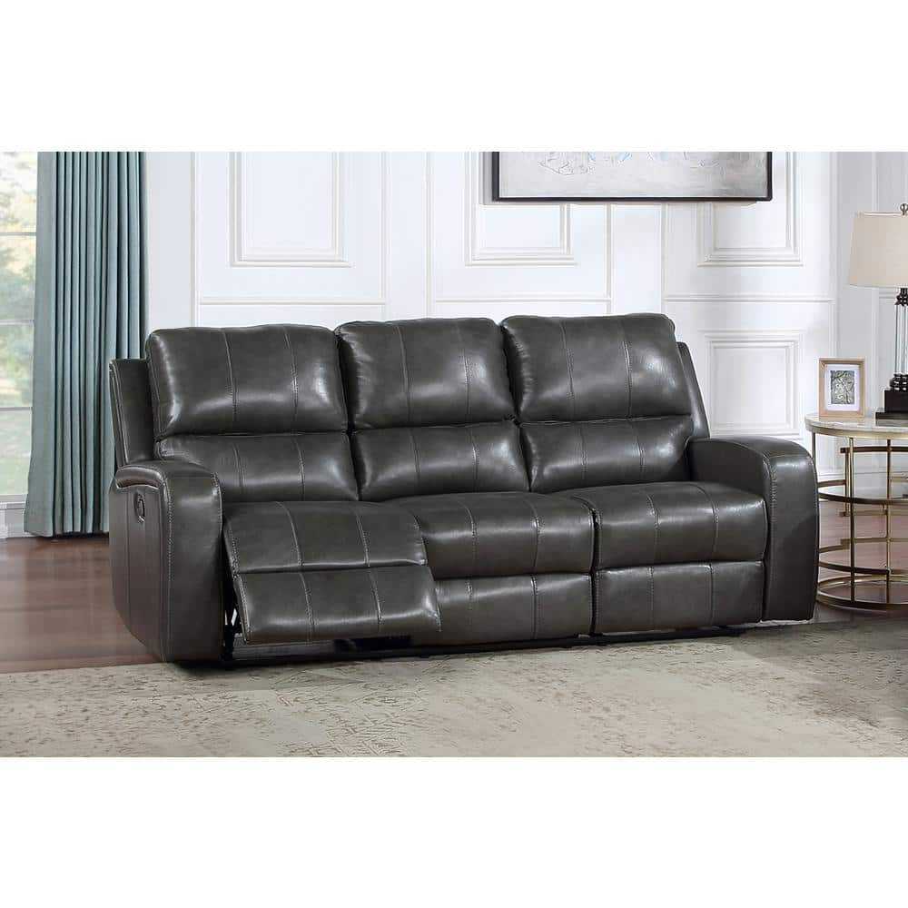 Dark Gray Leather Reclining Sofa with Track Arms