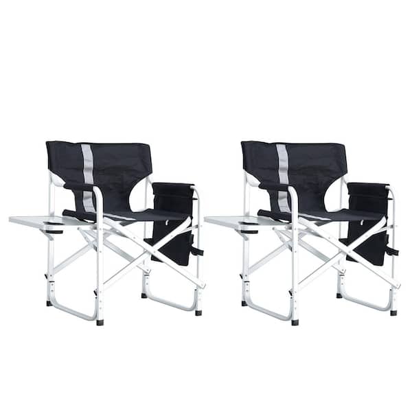2-Piece Oxford Cloth Black Patio Chair Folding Outdoor Camping Chair with Side Table and Storage Pockets