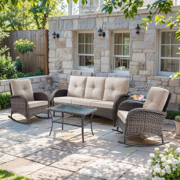 SleekArm 5-Piece Brown Wicker Patio Conversation Set with Olefin Beige Cushion/3-Seat Sofa with Rocking Chairs
