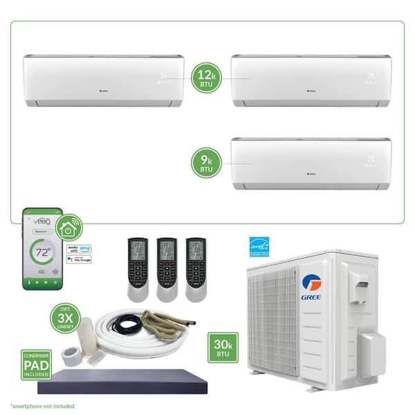 GREE Gen3 Smart Home Triple-Zone 28,400 BTU 2.5 Ton Ductless Mini Split Air Conditioner & Heat Pump 25 ft. Install Kit 230V