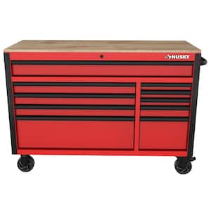 Standard-Duty 52 in. W 10-Drawer Matte Red Mobile Workbench Cabinet with Solid Wood Top