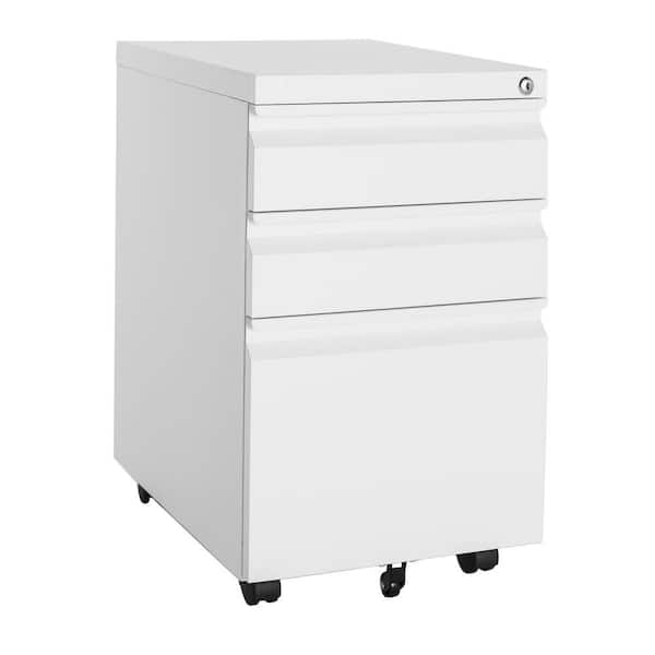 Mlezan White Mobile File Cabinet 14.6 in. W x 17.7 in. D Letter/Legal Metal 3-Drawer with Lock on Wheels
