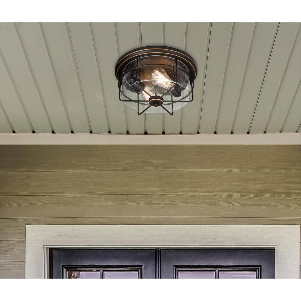Rosella Black-Bronze 2-Light Outdoor Flush Mount with Seeded Glass
