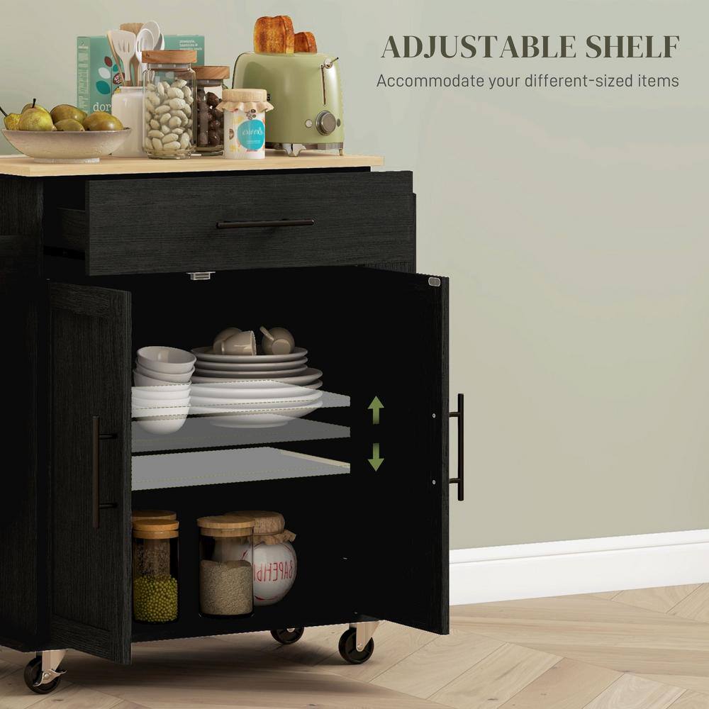 Black Wood Kitchen Cart with Spice Rack and Storage