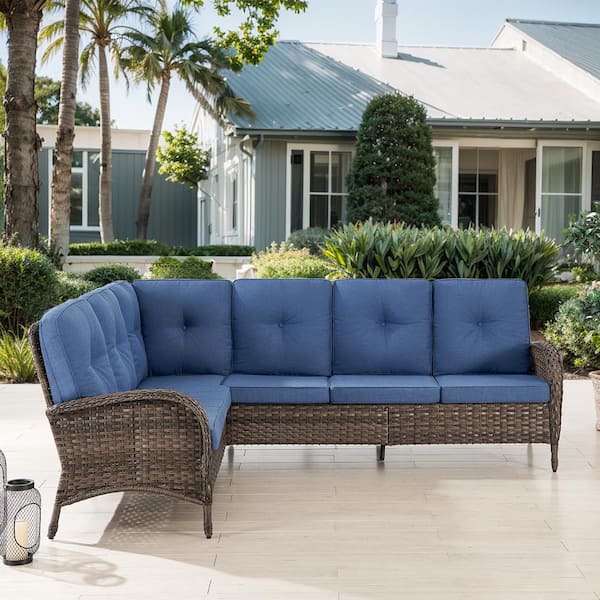 Brown Wicker Outdoor Sectional Sofa, 6-Seater L-Shaped Patio Couch with Navy Blue Cushions, Rattan Conversation Set