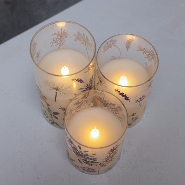 LUMABASE Battery Operated Hurricane White LED Candles, Wildflower