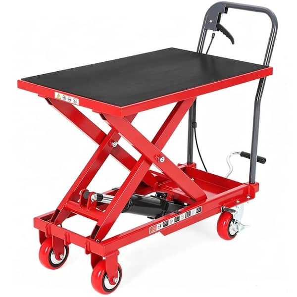 Hydraulic Lift Table Cart 500 LBS Single Scissor Lift Cart, Mobile Lift Jack with Wide Non-Slip Deck, Red & Black