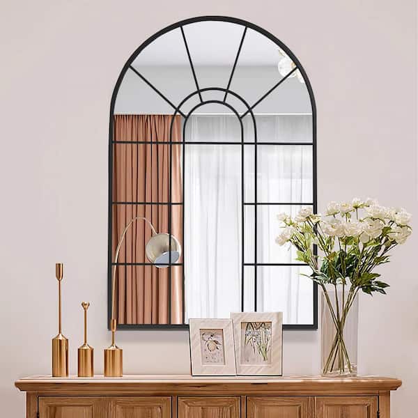 Lirago 28 in. W x 41 in. H Arched Metal Frame Wall Mirror in Black