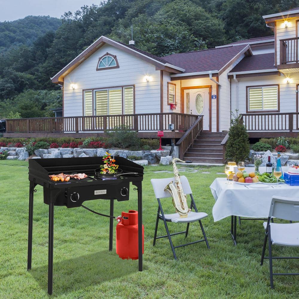 Black Cast Iron 2-Burner Portable Propane Gas Grill with Windscreen
