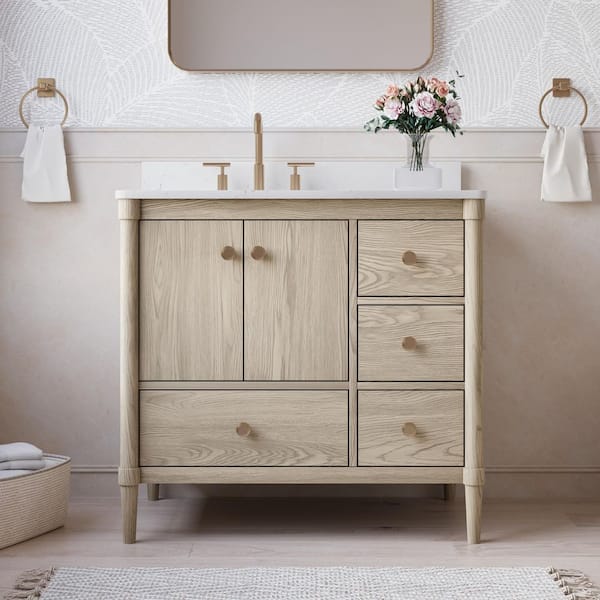 ETHAN 36 in. W x 22 in. D x 35 in. H Single Sink Freestanding Solid Wood Bath Vanity in OAK with Quartz Top