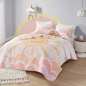 Ellie 3-Piece Yellow/Coral Twin Reversible Sunshine Printed Cotton Quilt Set with Throw Pillow