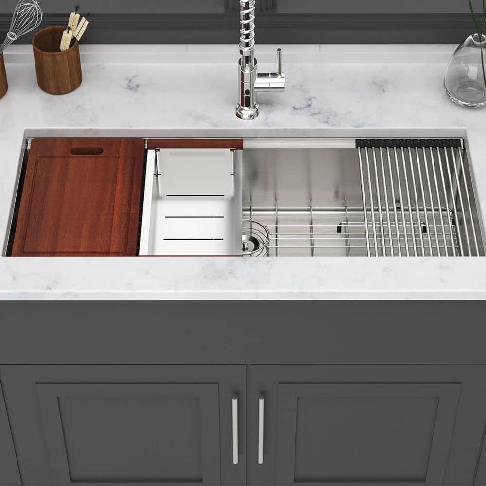 45 in. Undermount Single Bowl 16 Gauge Brushed Nickel Stainless Steel Kitchen Sink with Workstation price history on PriceWatchPro