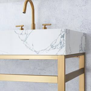 Ecija 72 in. W x 22 in. D x 33.9 in. H Double Sink Bath Vanity in Brushed Gold with White Cultured Marble Top and Mirror