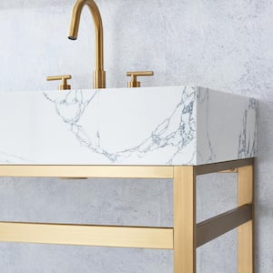 Ecija 72 in. W x 22 in. D x 33.9 in. H Double Sink Bath Vanity in Brushed Gold with White Cultured Marble Top and Mirror