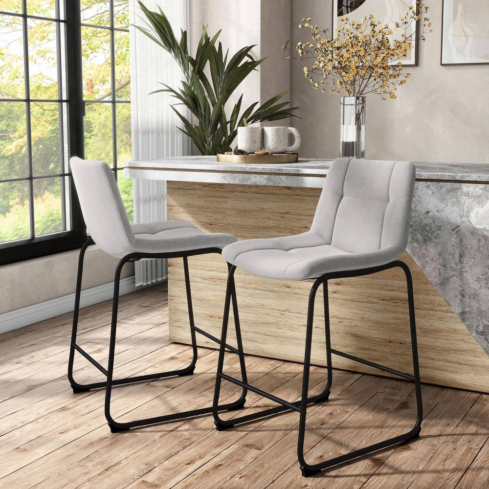 Light Grey Chenille Upholstered Counter Height Bar Stools with Metal Frame, Set of 2