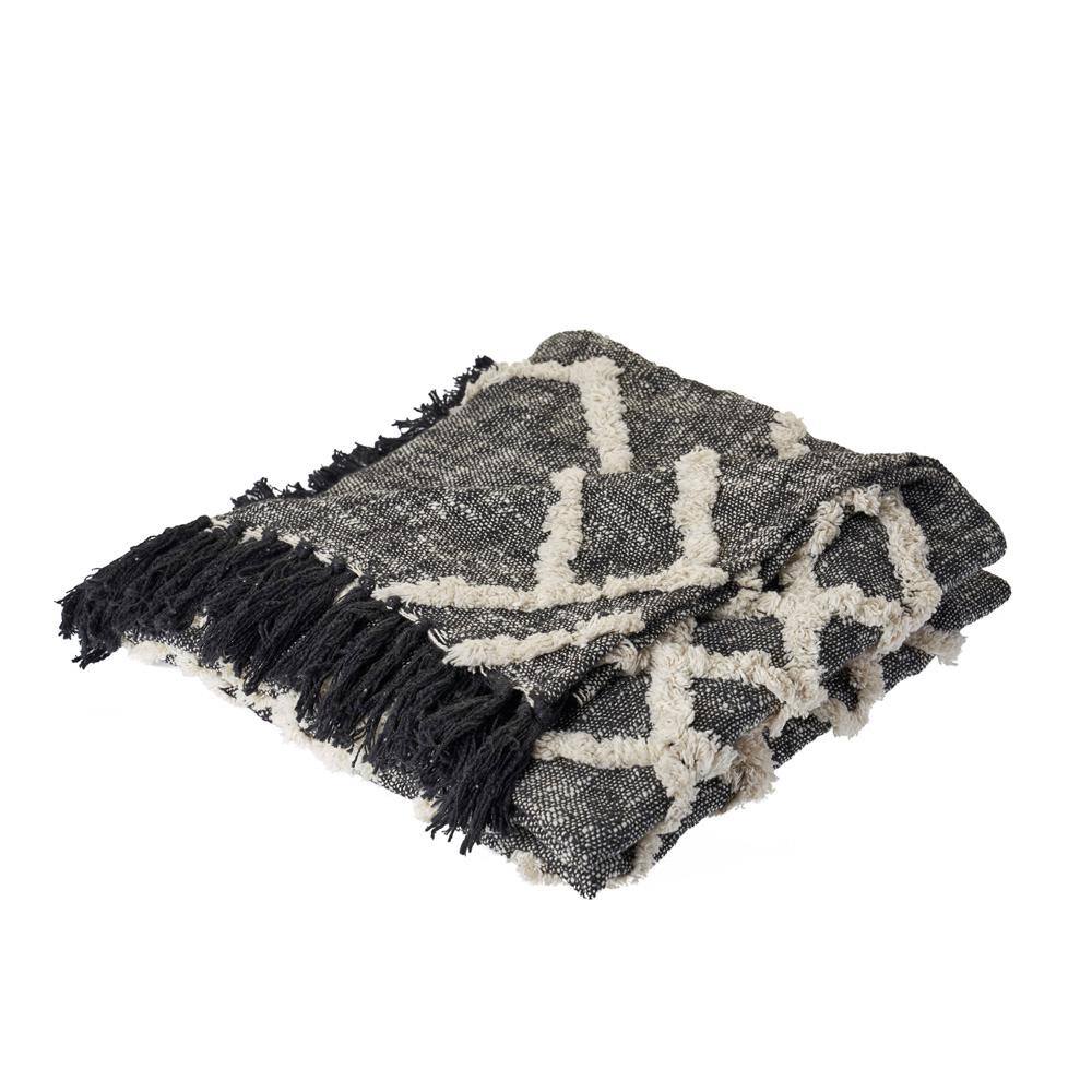 Handwoven Black and White Cotton Diamond Pattern Throw Blanket
