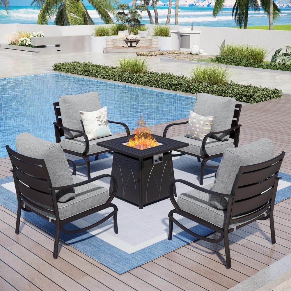 PHI VILLA 4 Seat 5-Piece Metal Outdoor Fire Pit Patio Set with Gray Cushions, Chairs and Square Fire Pit Table