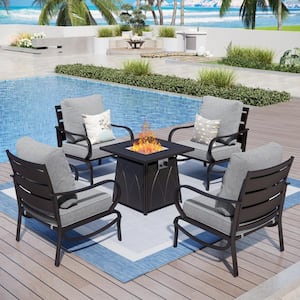 4 Seat 5-Piece Metal Outdoor Fire Pit Patio Set with Gray Cushions, Chairs and Square Fire Pit Table