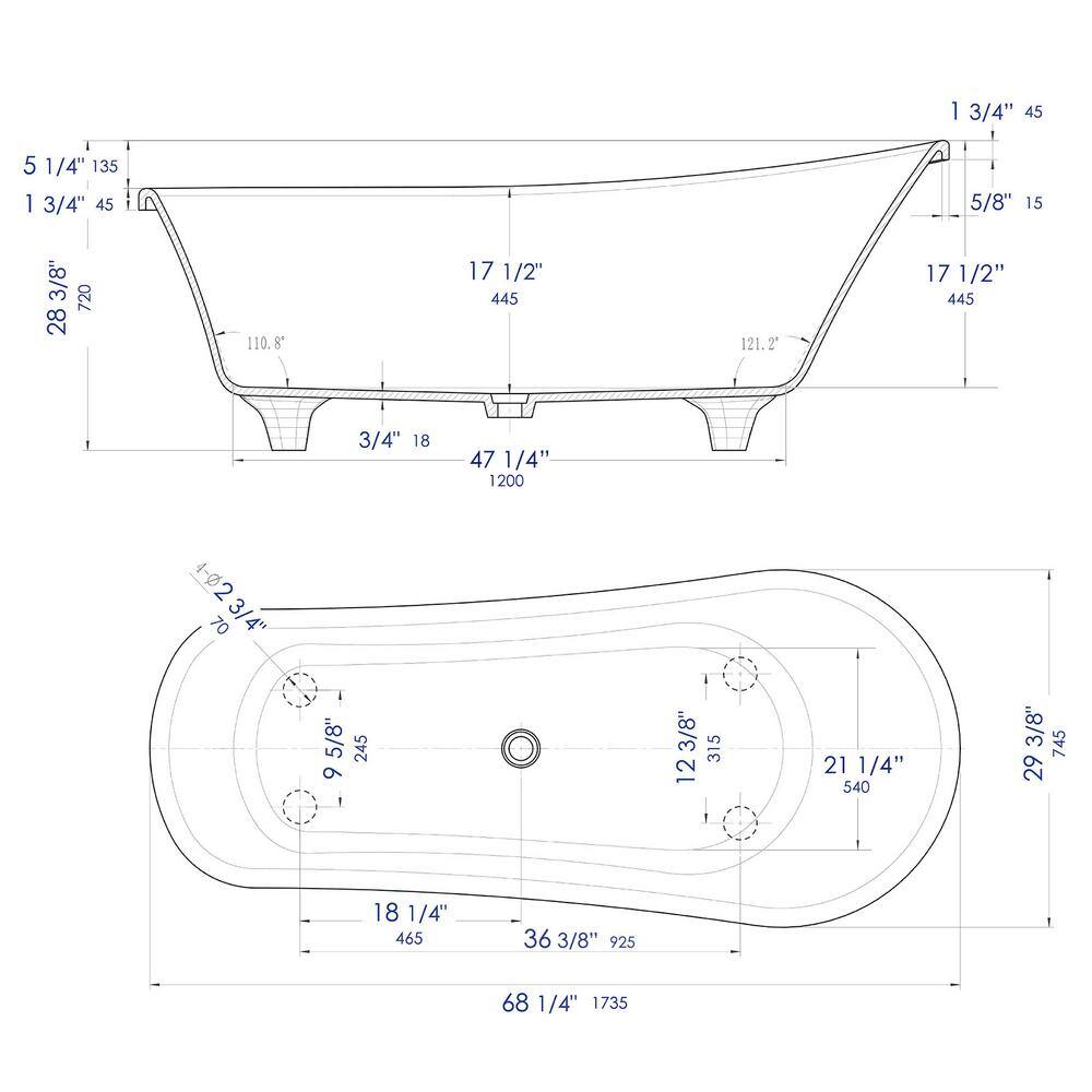 68.25'' White Matte Resin Clawfoot Freestanding Bathtub