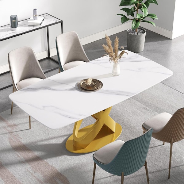 Magic Home 70.87 in. Modern Rectangular White Sintered Stone Top Cross Legs Golden Carbon Steel Legs Dining Table (6 Seats)