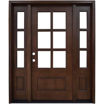 60 in. x 80 in. Savannah Clear 6 Lite RHIS Mahogany Stained Wood Prehung Front Door with Double 10 in. Sidelites